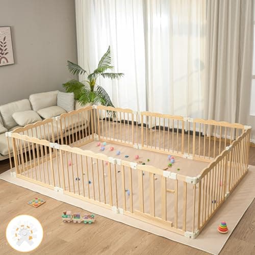 Playpen Large Foldable Play Pen for Toddlers 1-3,Easy Assemble Play Yard Wooden Baby Gates with Door,Expandable Play pens for Kids Safety Baby Playpen with Lock 67x101x24Inch(Foldable Connector) - Image 1