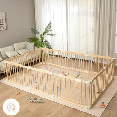 Playpen Large Foldable Play Pen for Toddlers 1-3,Easy Assemble Play Yard Wooden Baby Gates with Door,Expandable Play pens for Kids Safety Baby Playpen with Lock 67x101x24Inch(Foldable Connector) - Image 1