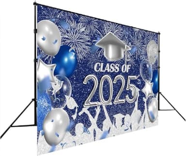 Lofaris Class of 2025 Party Photography Backdrop Royal Blue and Silver Congrats Grad Graduation Caps Background Celebration Graduation Prom Party Decor Banner Photo Booth Props 10x7ft - Image 3