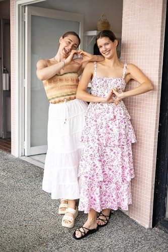 Fisoew Womens Floral Maxi Dresses Spaghetti Strap Casual Sleeveless Ruffle Flowy Tiered Dress Blue - Image 4