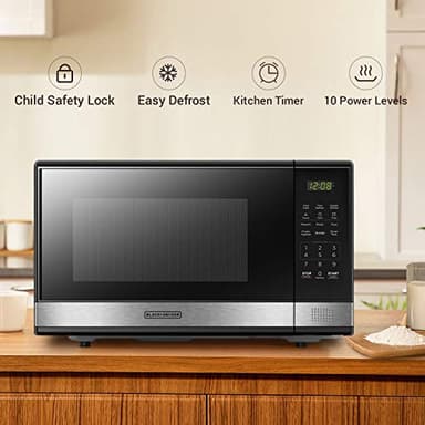 BLACK+DECKER EM031MB11 Digital Microwave Oven with Turntable Push-Button Door, Child Safety Lock, 1000W, 1.1cu.ft, Black & Stainless Steel, 1.1 Cu.ft - Image 3