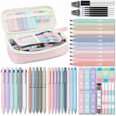 Four Candies 56 PCS Aesthetic School Supplies with Cute Pencil Case, 6 Multicolor Pen, 12 Pastel Highlighters, 5 Gel Pens Black Ink, 9 Mechanical Pencils for Student Stationary Set Preppy Stuff (Pink) - Image 1