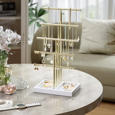 Love-KANKEI Jewelry Organizer Stand,5 Tier Large Necklace Holder with Wood Base,Jewelry holder stand Tree for Display,Bracelets Earrings Rings,Height Adjustable Gift White and Gold - Image 5