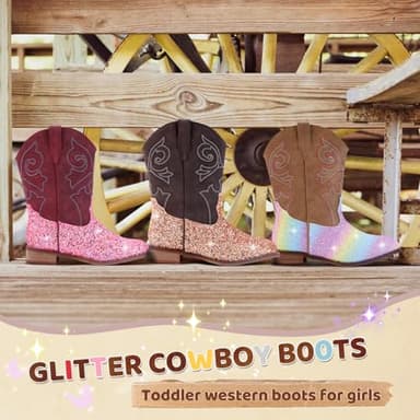 RLW Girls Cowboy Boots Kids Cowgirl Western Boot Glitter Round Toe with Walking Heel for Toddler/Little Kid/Big Kid, Sequins Pink 2 Little Kid - Image 5