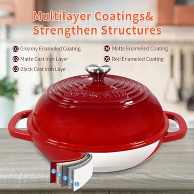Enameled Cast Iron Dutch Oven with Lid,11”Dutch Oven for Homemade Bread,6 Quart Bread Pans,Bread Oven for Sourdough Bread Baking-with Silicone Baking Mat,Red Thick Enamel Bread Pan-Gifts for Family - Image 5