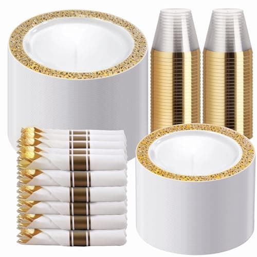 WELLIFE 50 Guests Dinnerware Sets, Gold Plastic Plates,Platos Para Fiestas Elegantes Desechables Include:50 Dinner Plates, 50 Dessert Plate, 150 Pcs Gold Plastic Silverware, 50 Cups for Party - Image 1