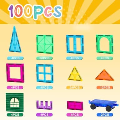FNJO Magnetic Tiles, 100PCS Building Blocks, STEM Magnets Building Toy Set, Preschool Kindergarten Construction Stacking Toy, School Teacher Supplies, Classroom Must Haves - Image 5