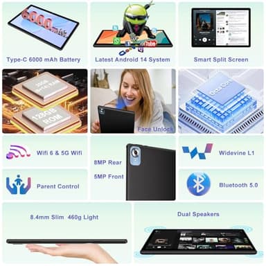 2025 Android 14 Tablet with Keyboard 20GB+128GB+1TB Expand, 10.1 Inch Octa-Core 2-in-1 Tablets with HD IPS Display, 5G WiFi 6, 6000mAh Battery, BT5.0, Split Screen, Widevine L1, Mouse, Case -Black - Image 3