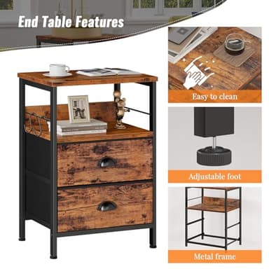 Furologee Nightstands Set 2, Bedside Table with 2 Fabric Drawers, End Table with Hooks and Shelf, for Bedroom/Living Room/Study/Hallway/Brown - Image 6