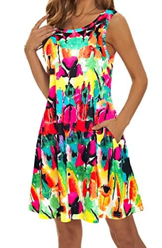 Summer Dresses for Women 2025 Casual Sundresses Beach Cover Ups Sleeveless Tshirt Swing Dress with Pockets 2X-Large Rainbow - Image 2