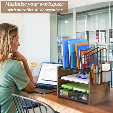 4-Tier Mesh Desk Organizer, Wooden Desk File Organizer with 5 Vertical File Holders and 2 Pen Holders, Desktop Organizers and Accessories with Drawer for Home Office - Image 2