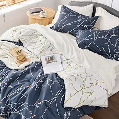 Bedsure Queen Comforter Sets - 7 Pieces Floral Navy Blue Bed Set, Tree Branch Pattern Printed Bed in a Bag Queen with Comforter, Sheets, Pillowcases & Shams - Image 2