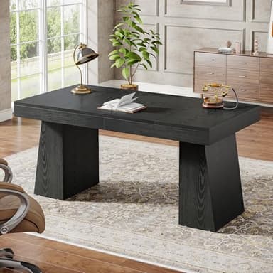 Tribesigns 55 Inches Executive Desk, Mid-Century Modern Home Office Desk with Double Trapezoid Base, Wood Computer Desk Business Workstation Desk Small Conference Table, Black - Image 5