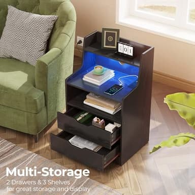 Rolanstar Nightstand with Charging Station and LED Lights, 2 AC and USB Power Outlets, Night Stand with 2 Drawers and Storage Shelves, Bedside Table for Bedroom - Black - Image 2