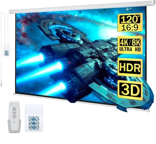 Kayle 120" Motorized Projector Screen Electric Diagonal Automatic Projection 16:9 HD Movies Screen for Home Theater Presentation Education Outdoor Indoor W/Wireless Remote, Wall/Ceiling Mount (White) - Image 1
