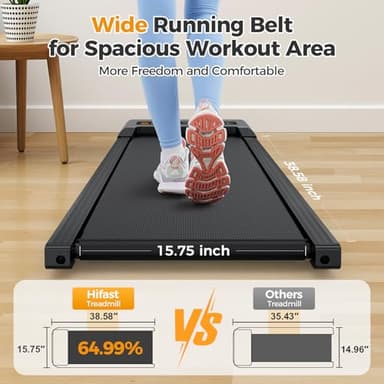 HiFast Walking Pad, Under Desk Treadmill with Incline, 300 Lbs Capacity Portable Treadmills for Home Office, 2 in 1 Mini Desk Treadmill with Remote Control, LED Display Black (Black) - Image 3
