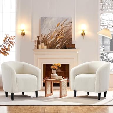 Yaheetech Barrel Chairs, Furry Accent Chairs, Sherpa Chairs with Soft Padded Armrest, Fuzzy Club Chairs for Living Room Bedroom Waiting Room Office, Accent Chairs Set of 2, Ivory - Image 2