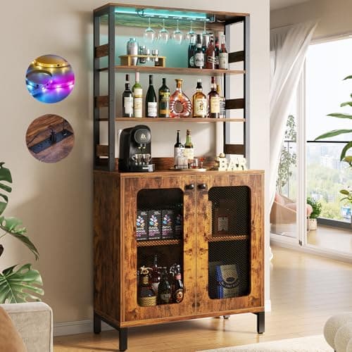 Aheaplus Bar Cabinet with Power Outlets, 67" Tall Wine Bar Liquor Cabinet with LED Lights & Glass Holder, Coffee Bars Station for Living Room, Microwave Stand Bakers Rack Cabinets, Rustic Brown - Image 1