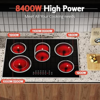 Pladeca 30 Inch Electric Cooktop, 5 Burner Electric Stove Top Touch Control, 8400W Built-in Ceramic Stovetop Burner 30" with Expandable Zone, Child Lock, Timer, Overheat Alert, 220-240v Hardwired - Image 2