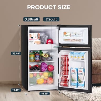Upstreman 3.1 Cu.Ft Mini Fridge with Freezer, Double Door Small Fridge, Dorm Essentials, Adjustable Thermostat, Energy Saving, Mini Refrigerator for Office, Dorm, Bedroom, Black - Image 2