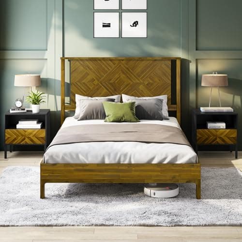 Bme Ethan Queen Bed Frame with Diamond Headboard, Mid-Century Modern, Solid Acacia Wood, No Box Spring Needed, Fits All Mattresses, Rustic Brown - Image 1
