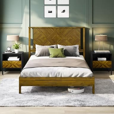 Bme Ethan Queen Bed Frame with Diamond Headboard, Mid-Century Modern, Solid Acacia Wood, No Box Spring Needed, Fits All Mattresses, Rustic Brown - Image 1