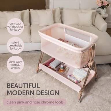 KOOLABABY Baby Bedside Sleeper - Bassinet & Bedside Crib with Height Adjustment & Wheels - Can Be Placed Next to Bed - Attaches to Parents Bed - Easy to Fold & Carry Bassinet for Girls (Pink) - Image 3