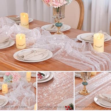 Snowkingdom 6 Pcs 10 FT Silver White Cheesecloth Table Runner Sheer Chiffon Gauze Runner, Sequin Glitter Silver Table Decoration Centerpieces for Wedding Birthday Christmas Bridal Baby Shower - Image 8