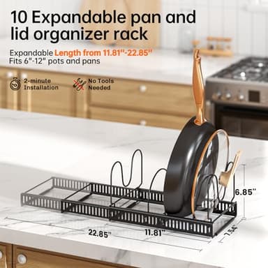 MUDEELA Pots and Pans Organizer Rack for under Cabinet, Expandable 11.81''-22.85'' Pot Lid Kitchen Cabinet Organizer Holder with 10 Adjustable Compartment Cutting Board Organizer for Pan Lid, Bakeware - Image 2
