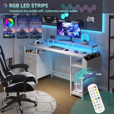 Lufeiya White Computer Desk with File Drawers Cabinet, 55 Inch Home Office Desk with Monitor Stand Shelves, Writing Study Gaming Desks with Led Lights and Power Outlets for Bedroom, White - Image 5
