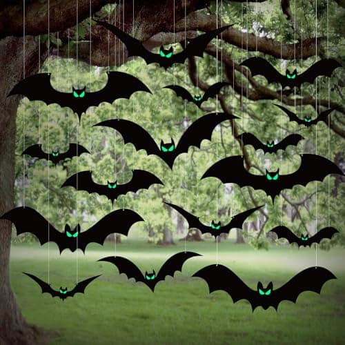 24pcs Halloween Hanging Bats Decorations Outdoor, Halloween Bats Outdoor Decor, 4 Different Sizes with Glowing Eyes for Outside Tree Yard Porch Party Decor - Image 1