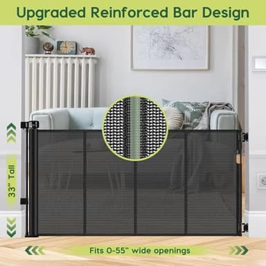 Reinforced 55" Wide Retractable Baby Gates with Reinforced Strips, Indoor/Outdoor Retractable Dog Gate for Doorway Prevent Bottom Drilling Through, No Bottom Bar Safety Mesh Baby Gate for Stair, Black - Image 2
