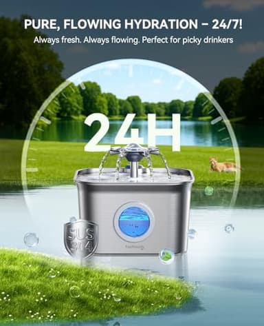 Stainless Steel Cat Water Fountain for Drinking with 3 Filters, 2.8L Auto Pet Drinking Fountain for Cats with 20dB Ultra-Quiet Pump, 24/7 Circulation Filtration LED Water Level Window Dishwasher Safe - Image 2