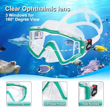 Snorkel Set Pano 3 Window Adult Snorkeling Gear, Professional Snorkel Goggles Anti-Fog Diving Mask, Anti-Leak Swim Goggles and Dry Top Snorkel for Diving, Snorkeling, Swimming (Aqua) - Image 2