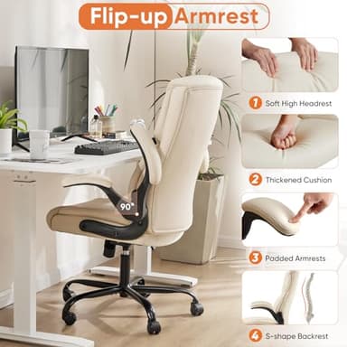 Sweetcrispy Computer Gaming Chair, Ergonomic High Back Heavy Duty Task Desk Office Chairs with Wheels, Flip-up Arms, Adjustable Height, PU Leather, Cream - Image 6