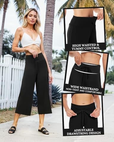 ZOOSIXX Soft Black Pajama Pants for Women, Wide Leg Comfy Casual Lounge Yoga Capri Pants 22'' / 30'' - Image 3