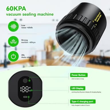 Mason Jar Vacuum Sealer-Electric Sealer for Regular and Wide Mouth Jars, Vacuum Sealer Kit for Food Storage, One Button Start, Quick Sealing and Automatic Stop, with Opener & 5 Pairs of Lids - Image 6