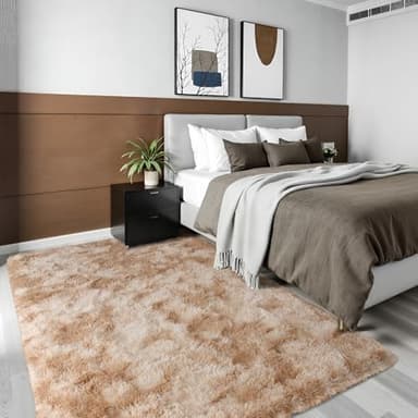 Terrug Fluffy Area Rug for Bedroom, Tie-Dyed Beige 3x5 Ft Throw Rug for Living Room Kids Room, Ultra-Soft Plush Washable Carpet with Non-Slip Rubber Backing, Cozy Floor Decoration - Image 1