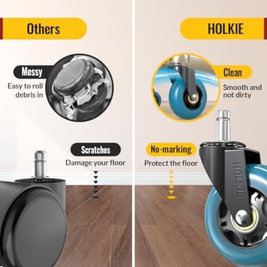 HOLKIE Office Chair Wheels 11x22mm Blue 3 Inch Desk Roller Blade Caster Replacement for Office, Rubber Rolling Wheels-Set of 5 for Hardwood Floors Gaming Chair Casters Smooth & Silence Gliding - Image 4