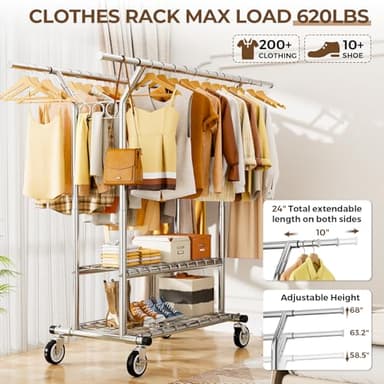 HYSEYY Heavy Duty Clothes Rack, Rolling Clothing Rack With Shelves Load 620 LBS, Double Rod Clothing Racks for Hanging Clothes, Portable& Adjustable Clothes Rack with Wheels Garment Rack - Image 2