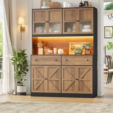 FINETONES 71" Pantry Cabinet with LED Light and Charging Station, Farmhouse Kitchen Pantry Cabinet with Microwave Stand, 47.2" Wide Kitchen Hutch Food Pantry with Open Countertop, Black/Brown - Image 3