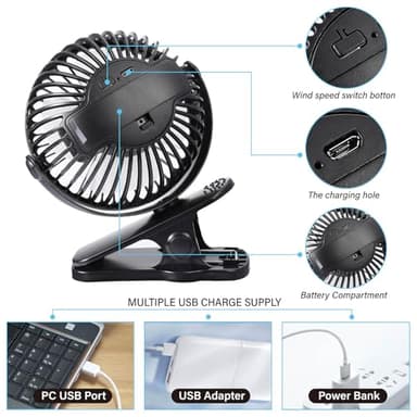 Portable Clip on Fan, Rechargeable USB Desk Fans, Stroller Fan With TYPE-C Port 360° Rotatable Personal Small Mini Table Fan for Home Office Car Seat Crib Camping - Image 2
