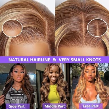 Honey Blonde Ombre Lace Front Wig Human Hair Highlight Body Wave 13X6 Lace Front Wigs Human Hair Pre Plucked HD Frontal 180 Density Glueless 4/27 Highlighted Human Hair Wig 26 Inch - Image 2