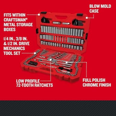 CRAFTSMAN Tool Set, 189 Piece Mechanics Tool Set, 1/4 ,3/8and 1/2 Inch Drive Socket Wrench Set with Thinner Ratchet, Steel 6 and 12point Sockets, Wrenches, Hex Keys and Specialty Bits (CMMT12134) - Image 2