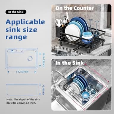GAOKASE Dish Drying Rack, Space-Saving Dish Rack, Dish Racks for Kitchen Counter, Kitchen Dish Drainers with Removable Utensil Holder, Plate Rack and Drainboard, 11''W x 15''L, Black - Image 2