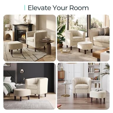 LINSY Accent Chair with Ottoman, Modern Barrel Chair Small Armchair Reading Chair with Footrest, Comfy Round Arms Chair for Living Room Bedroom Reading Room, Velvet, Beige - Image 6