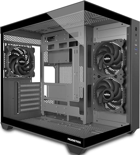 MUSETEX ATX PC Case, 3 x 120mm Fans Pre-Installed, 360MM RAD Support, 270° Full View Tempered Glass Gaming PC Case with Type-C, Mid Tower ATX Computer Case, Black, Y6 - Image 1