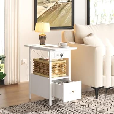 LIDYUK End Table with Charging Station, Narrow Side Table with Drawer and USB Ports & Power Outlets, Nightstand Bedside Tables for Small Spaces, Bedroom, Living Room, White - Image 4