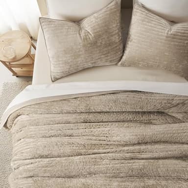 EVERGRACE Velvet Quilt Set King Size, Luxurious Soft Striped Channel Bedding Set, Lightweight Velvet Comforter for All Season, Oversized Bedspread Coverlet with 2 Matching Shams, Beige Taupe - Image 3
