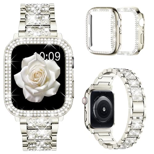 Mosonio Compatible with Apple Watch Band 42mm S11/S10 with Case Women, Jewelry Replacement Metal Wristband with 2 Pack Bling PC Protective Cover for iWatch Series 11/10(42mm,Starlight) - Image 1